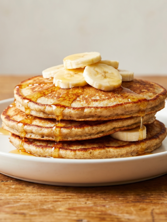 panqueca proteica de aveia fit empilhada com banana e mel em prato branco