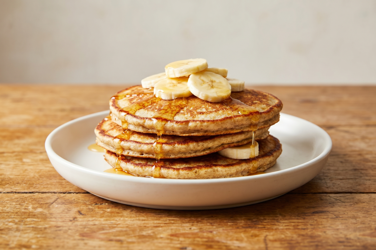 panqueca proteica de aveia fit empilhada com banana e mel em prato branco