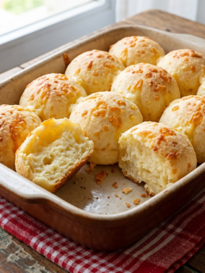 Pão de queijo de assadeira fofinho cortado em fatias, com interior macio e cobertura dourada de queijo gratinado