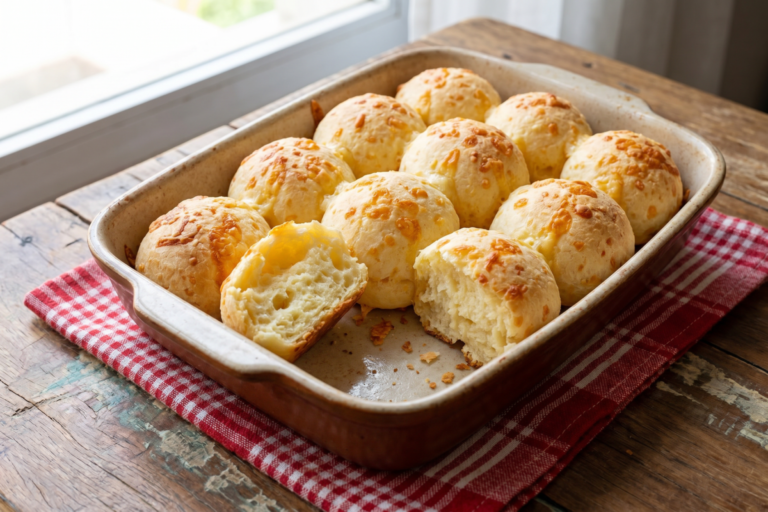 Pão de queijo de assadeira fofinho cortado em fatias, com interior macio e cobertura dourada de queijo gratinado