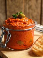 Patê vitaminado caseiro de legumes em pote de vidro com torradas ao lado