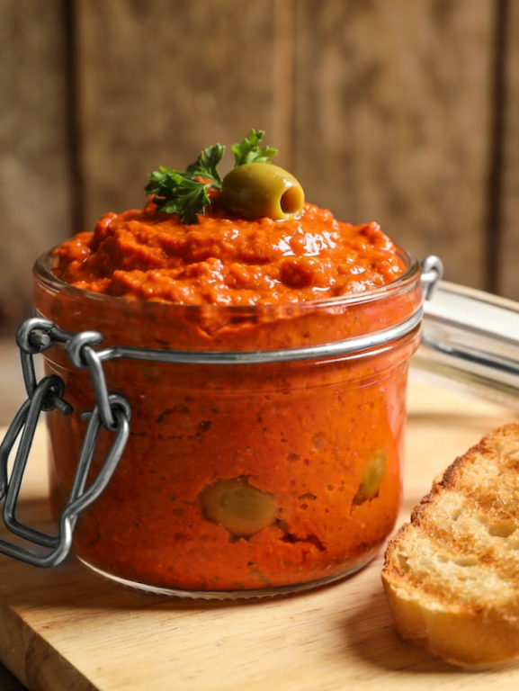 Patê vitaminado caseiro de legumes em pote de vidro com torradas ao lado