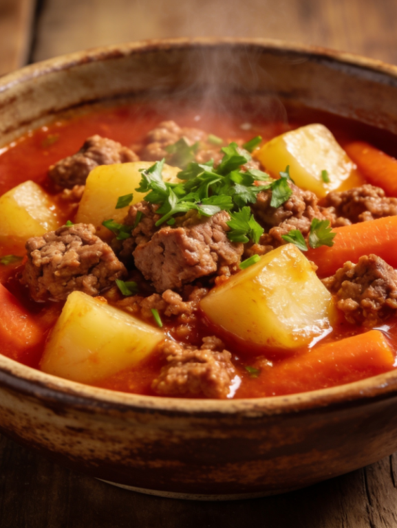 picadinho de carne com batatas em molho de tomate servido em tigela de cerâmica com cheiro-verde