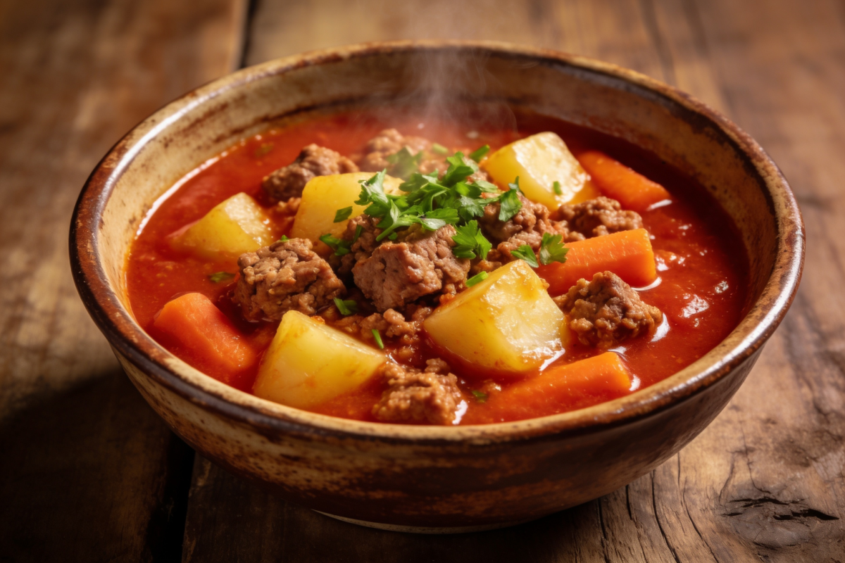picadinho de carne com batatas em molho de tomate servido em tigela de cerâmica com cheiro-verde
