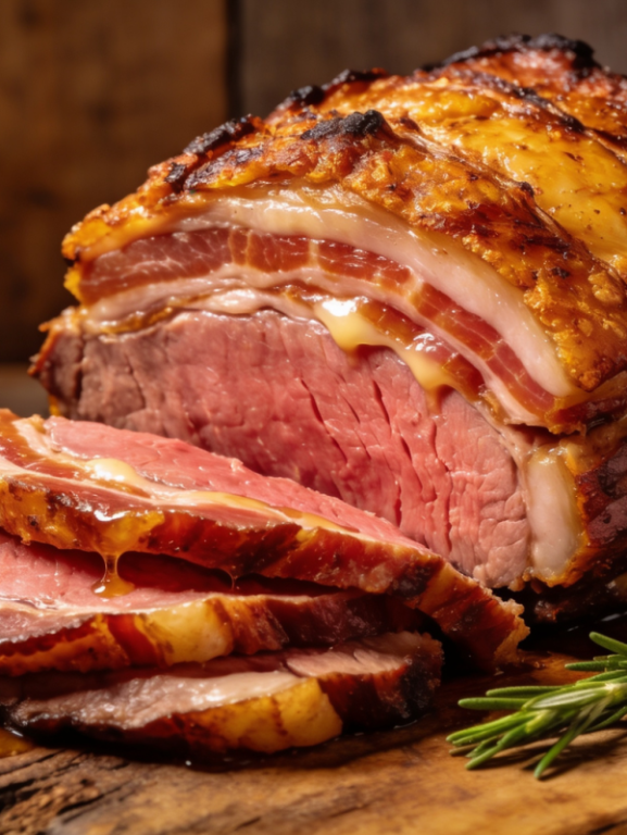Picanha no avesso suculenta fatiada com bacon e alecrim, segredo de família