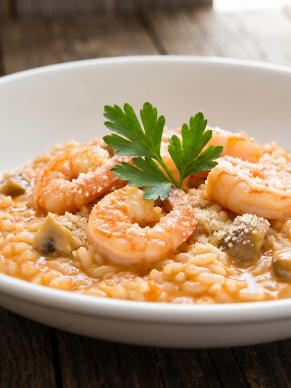 Risoto de camarão cremoso a minha moda com molho de tomate, champignon e queijo ralado em prato fundo branco