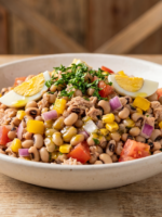salada de feijão com atum servida em tigela branca com legumes coloridos e azeite