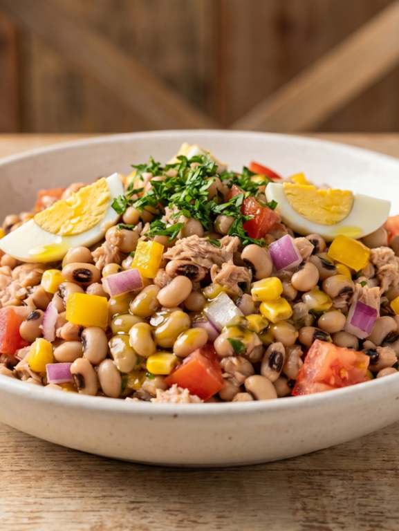 salada de feijão com atum servida em tigela branca com legumes coloridos e azeite