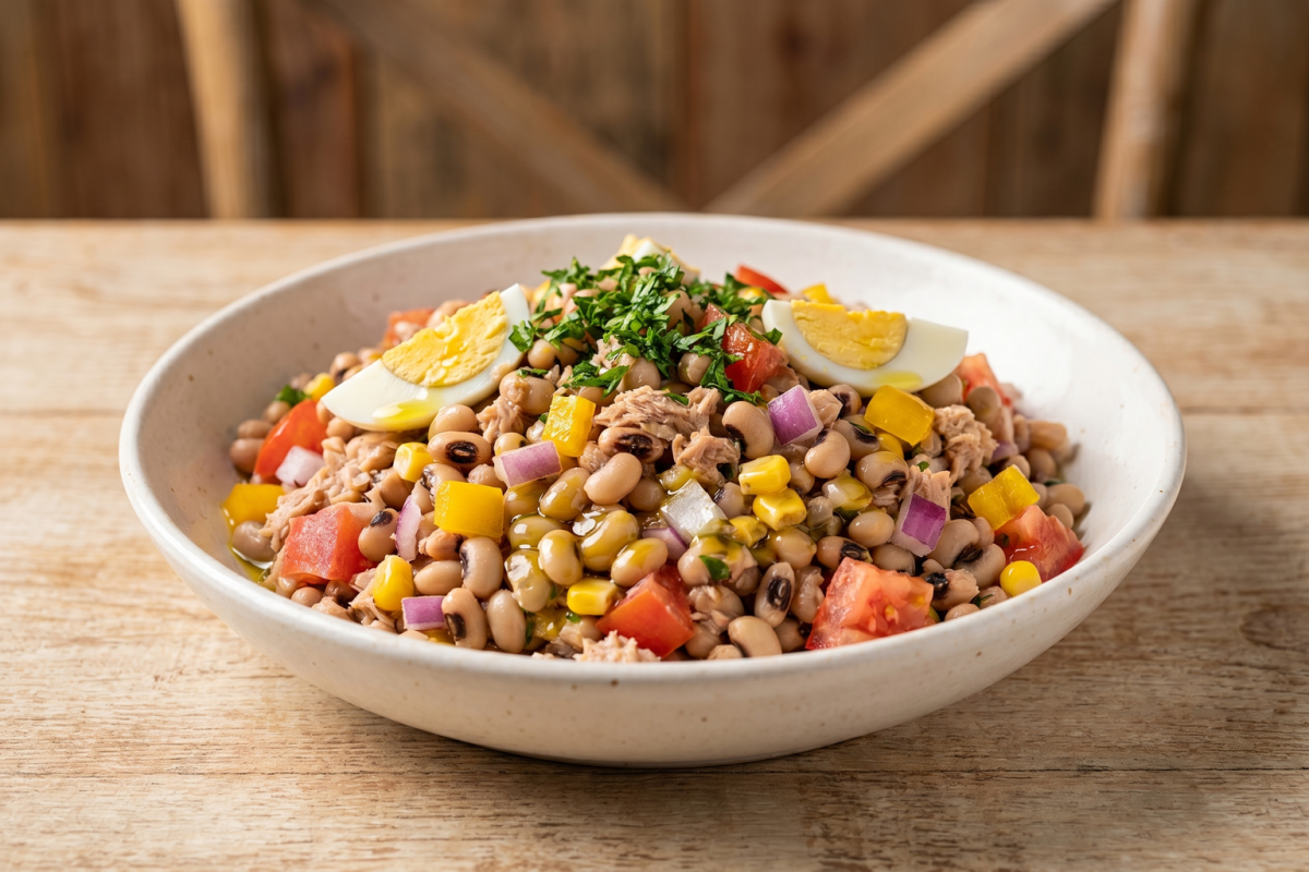 salada de feijão com atum servida em tigela branca com legumes coloridos e azeite