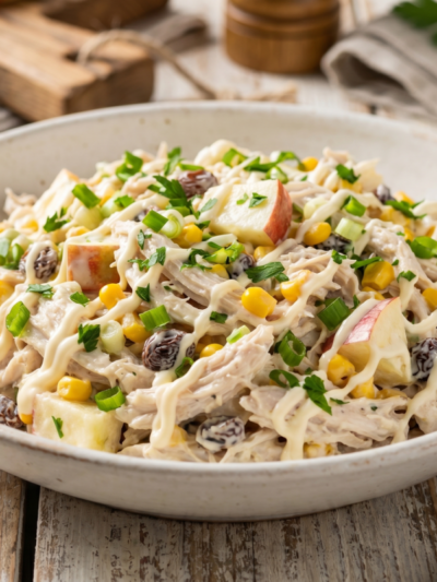 Salada de frango defumado cremosa com maçã, milho e uva-passa em tigela branca