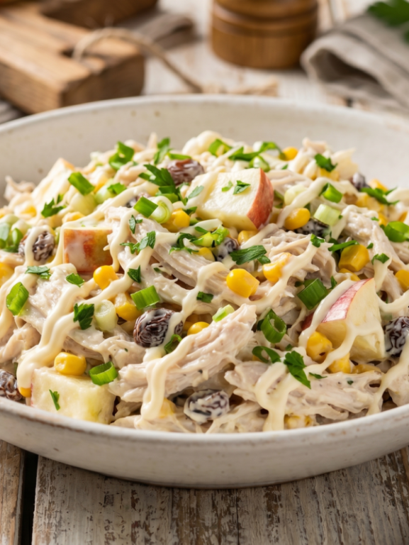 Salada de frango defumado cremosa com maçã, milho e uva-passa em tigela branca