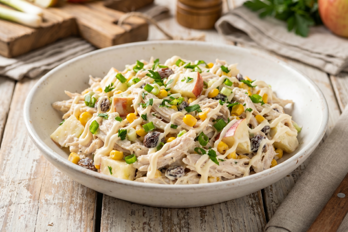 Salada de frango defumado cremosa com maçã, milho e uva-passa em tigela branca