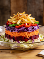 salada divertida e colorida com legumes frescos, atum e batata palha em refratório