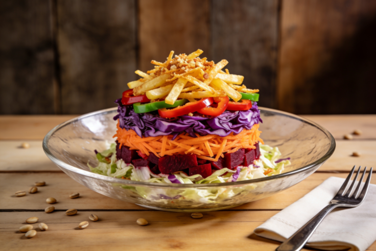 salada divertida e colorida com legumes frescos, atum e batata palha em refratório