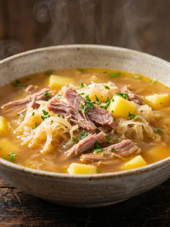 Tigela de sopa alemã com joelho de porco desfiado, chucrute e batatas em caldo encorpado