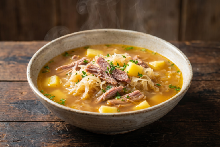 Tigela de sopa alemã com joelho de porco desfiado, chucrute e batatas em caldo encorpado