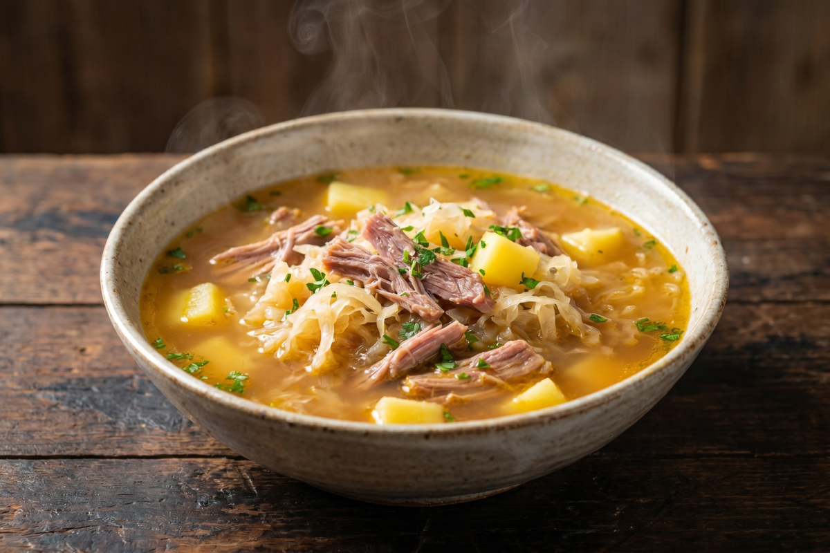 Tigela de sopa alemã com joelho de porco desfiado, chucrute e batatas em caldo encorpado