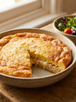 soufle de atum à siciliana dourado e crescido em forma de cerâmica branca, com interior aerado e cremoso