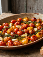 Tomatinhos confit dourados em travessa rústica com azeite e ervas, prontos para servir.