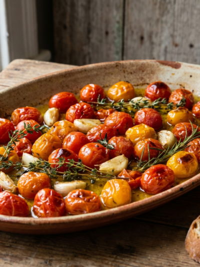 Tomatinhos confit dourados em travessa rústica com azeite e ervas, prontos para servir.