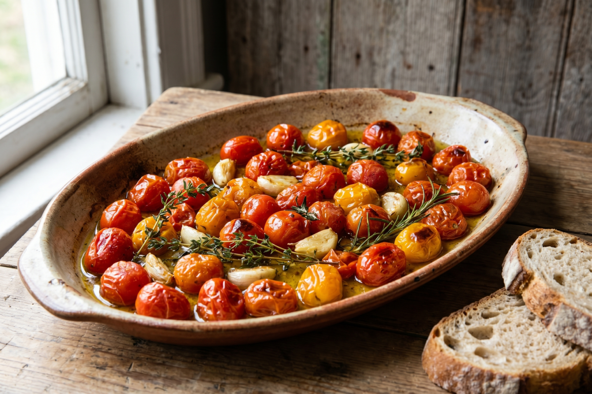 Tomatinhos confit dourados em travessa rústica com azeite e ervas, prontos para servir.