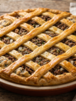 fatia de torta de carne moída sem açúcar para o café da manhã, com massa fofinha e recheio suculento