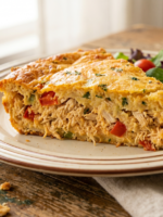 torta de frango sem açúcar assada e dourada com fatia cortada mostrando recheio cremoso de frango desfiado