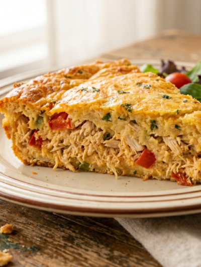 torta de frango sem açúcar assada e dourada com fatia cortada mostrando recheio cremoso de frango desfiado