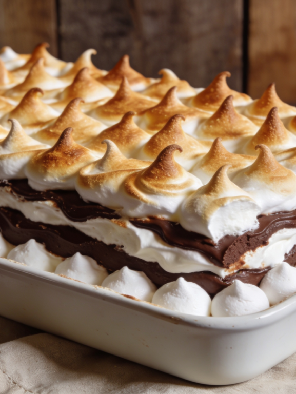 torta de merenguinho cremosa em camadas com cobertura de merengue em refratário branco