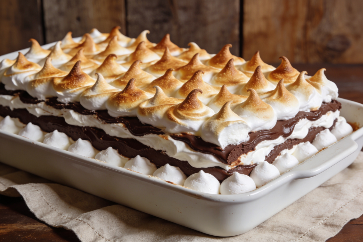 torta de merenguinho cremosa em camadas com cobertura de merengue em refratário branco
